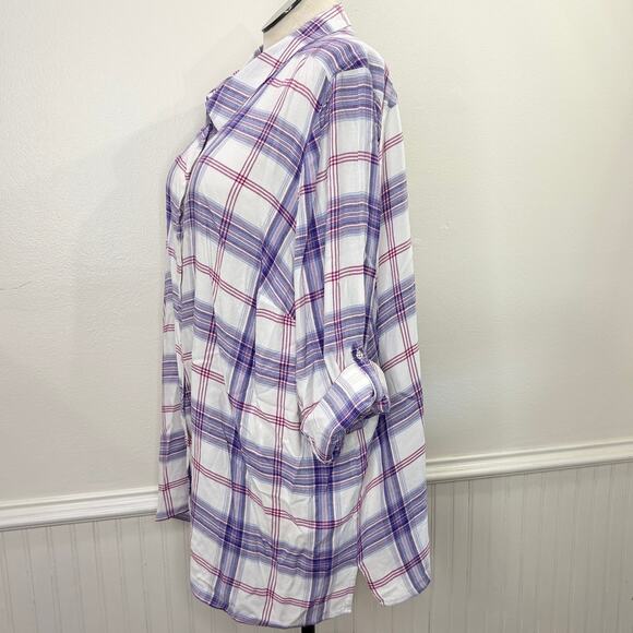 Catherines Plus Size 4X Top Plaid Button Up Roll Tab Sleeve Classic Soft Preppy - Picture 2 of 13